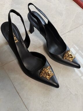 Authentic Versace Black 85 mm Leather Pointed Slingback Gold Medusa Emblem
